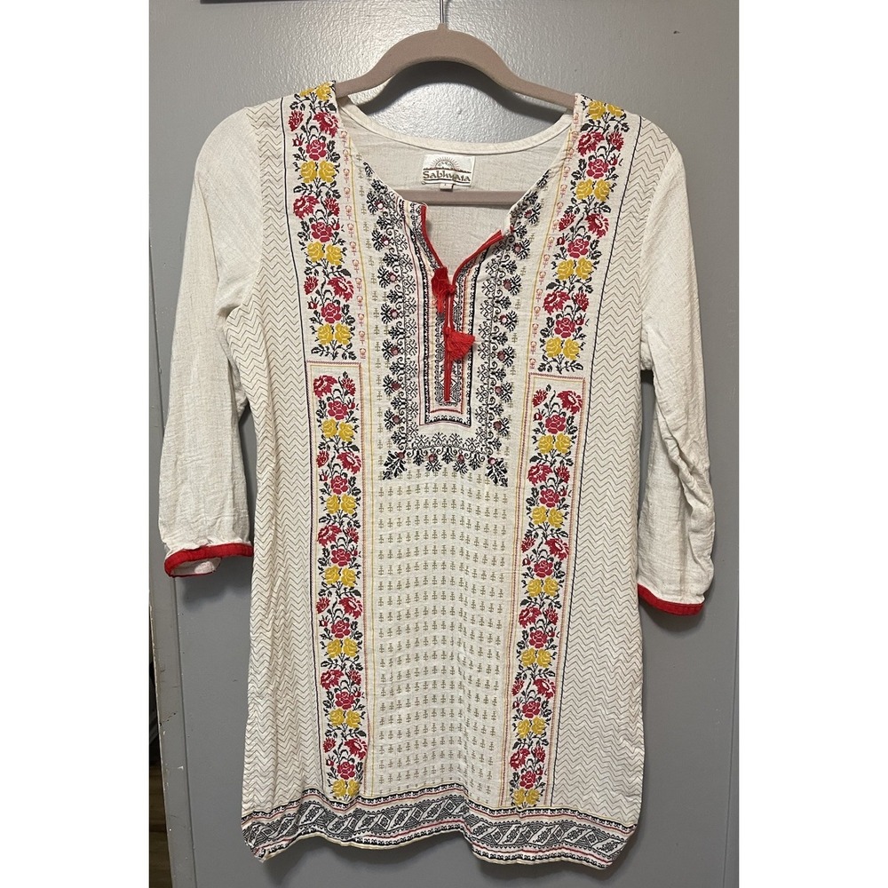 Kurta Top From Sabyyata Women's Size Large White/Red Cotton